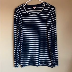 Navy and white top with elbow patches